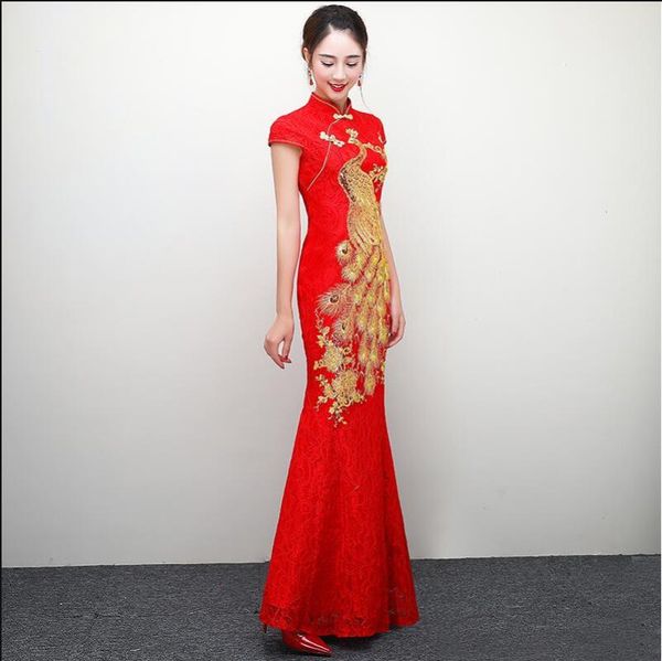 

sleeve long short red female cheongsam gold slim chinese traditional dress women qipao for wedding party ethnic clothing