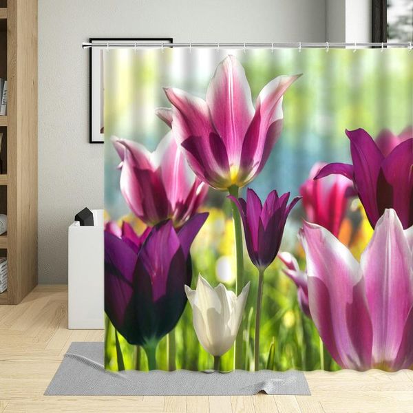 

spring flowers shower curtain tulip lily colorful butterfly decor cloth bathroom bathtub screens partition home waterproof curtains