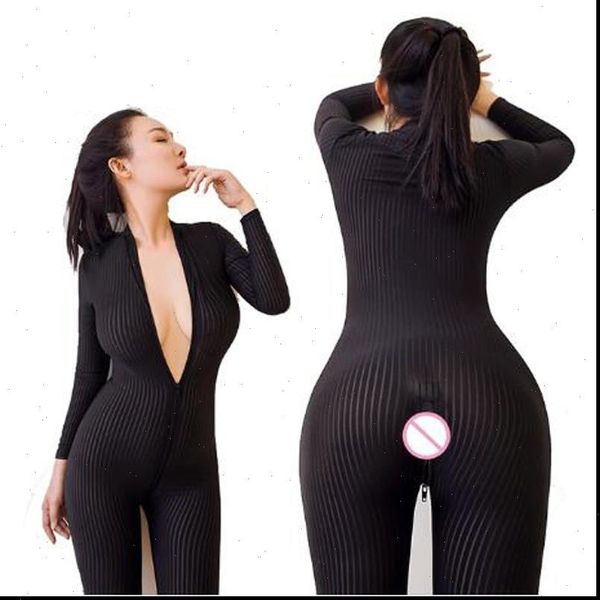 

open crotch womens rompers black striped sheer bodystocking bodysuit erotic lingerie for women double zipper long sleeves jumpsuit, Black;white