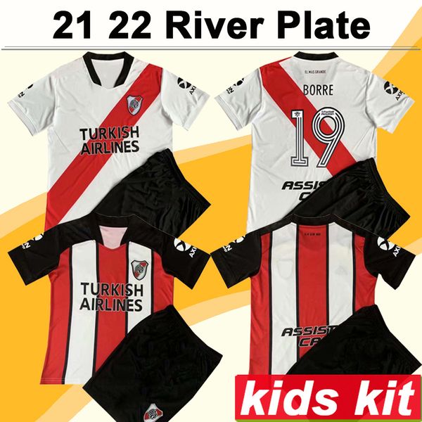 

21 22 river plate kids kit soccer jersey j. alvarez borre pinola ponzio perez home 3rd white black football shirt child short sleeve uniform