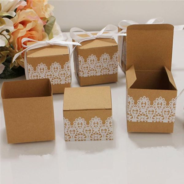 

gift wrap 20/50pcs wedding lace bow candy box kraft paper with ribbons birthday mini single cake dragee packaging