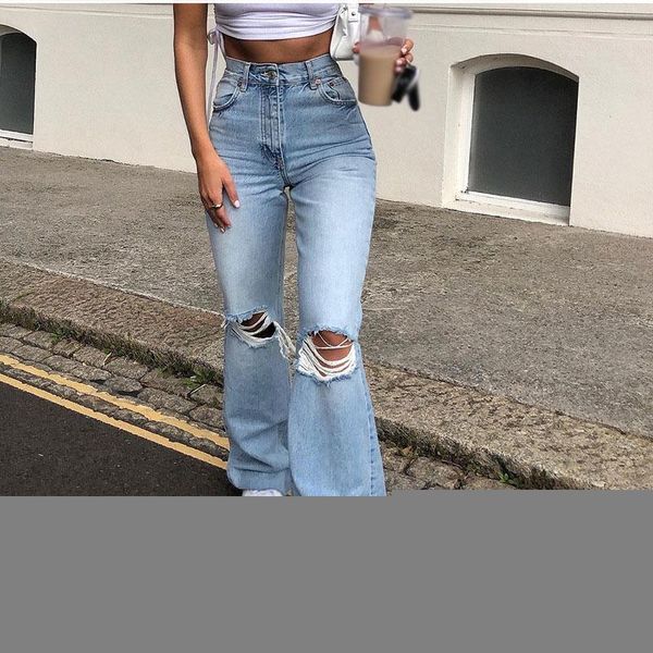 

women's jeans ripped women denim pants vintage high waist wide leg y2k baggy for flare senim trousers streetwear 2021, Blue