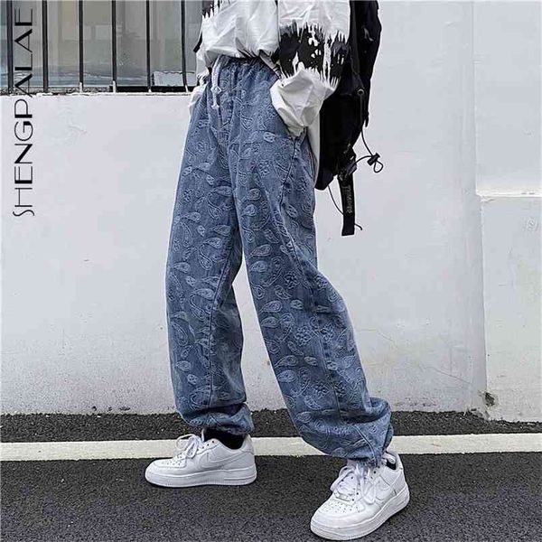 

fashion jeans women's spring high street cashew flower straight waist loose denim pants female 5b355 210427, Blue