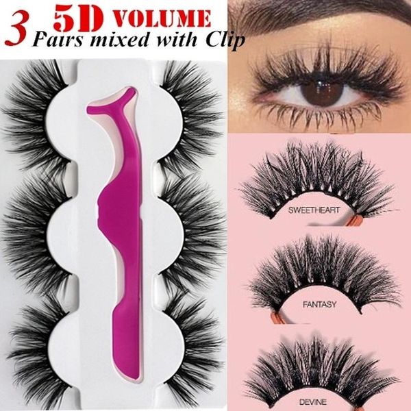 

false eyelashes 3 pairs 5d blending long mink natural eyelash extension ladies makeup set with tweezers tools