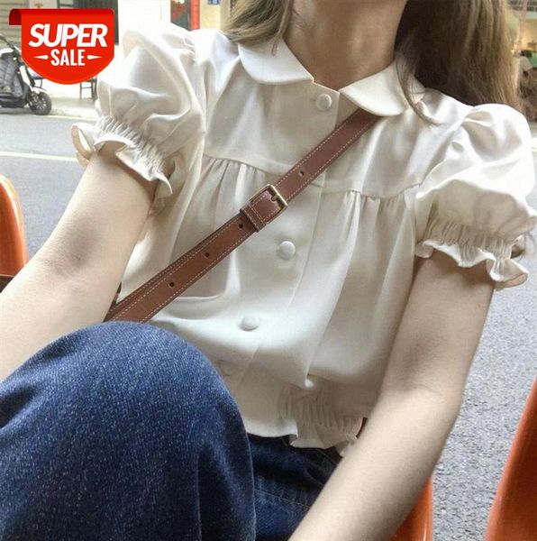 

korean version of the age-reducing ingot collar sweet girl short-sleeved small shirt with bubble sleeve high-waist navel blouse w #yp7h, Black;gray