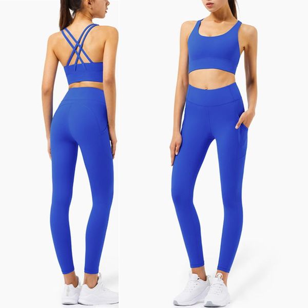 

yoga outfit set women back cross fitness high strength shockproof sports bra & gym waist leggings 2 pcs running suits