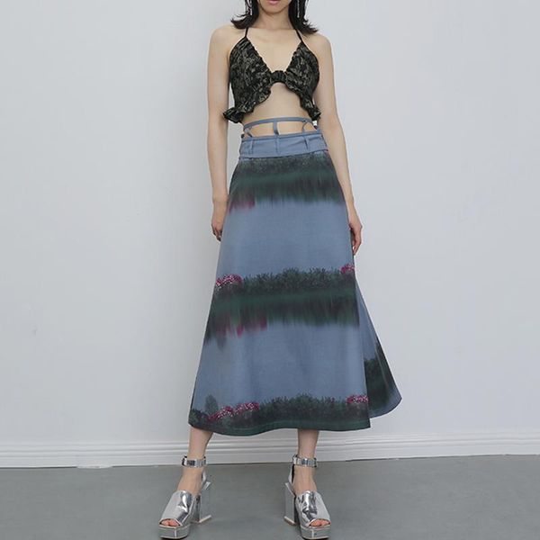 

skirts seebeautiful half-body a-line skirt female landscape printing hollow out high waist simple summer 2021 fashion l139, Black