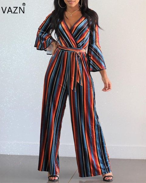 

women's jumpsuits & rompers vazn autumn design 2021 women retro striped deep v-neck full sleeve straight romper mdf5011, Black;white
