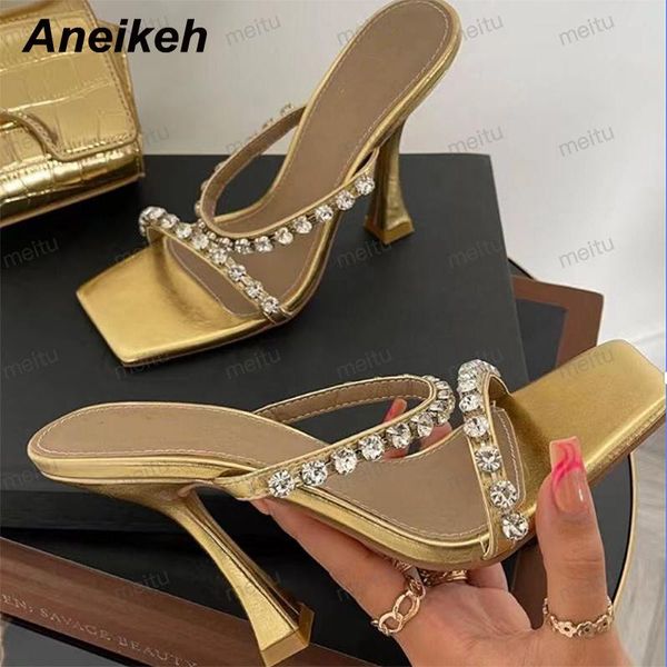 

slippers aneikeh women shoes summer fashion square toe shallow stiletto heels bling patent leather concise party golden, Black