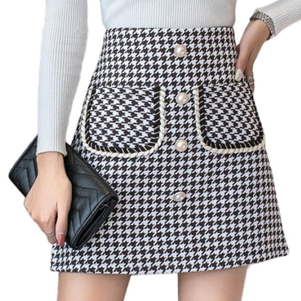

skirts autumn winter stylish houndstooth woolen skirt women high waist a-line plaid mini female, Black