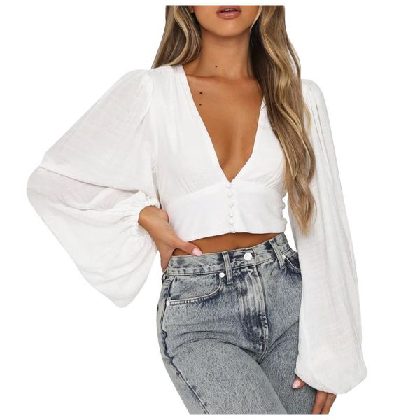 

women's blouses & shirts harajuku for women casual fashion deep v-neck solid color lantern sleeve blouse blusas mujer de moda 2021, White