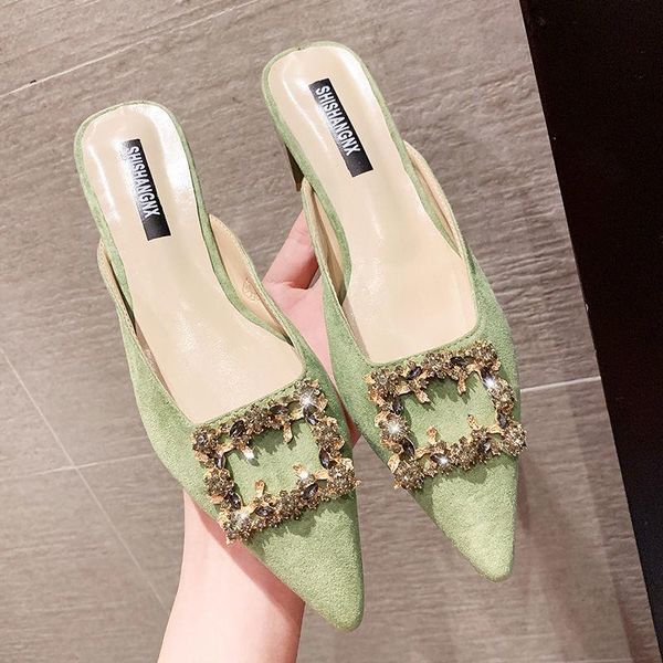 

sandals high-heeled slippers for women to wear in summer joker fashion rhinestone with thick tips and half heels baotou, Black