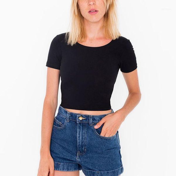 

women's t-shirt wholesale- summer style 2021 women u neck navel-baring crop short sleeve fashion basic tees1, White