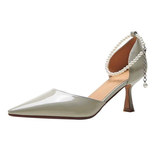 

genuine leather pointed toe thin high heel shallow pearl beading fairly wedding solid buckle straps women pumps l11 dress shoes, Black