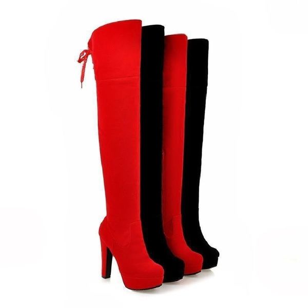 

boots winter thick heels high knee women's round toe red large 40-43, Black