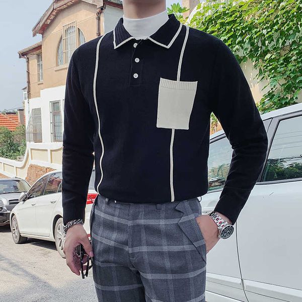 

fall winter men's sweater long-sleeved casual knitted pullovers white black vintage british contrast color slim knitwear 210527