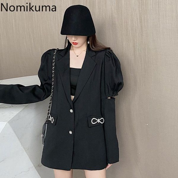 

nomikuma autumn korean causal women blazers 2021 long sleeve hollow-out suit jacket bowknot notched collar blazer coat 6b233 women's su, White;black