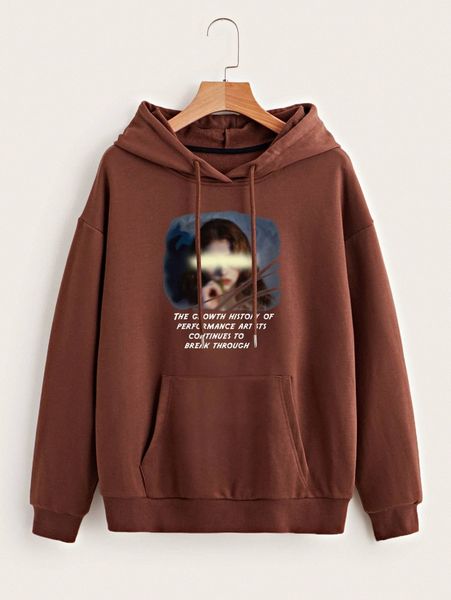 

slogan & figure graphic drop shoulder drawstring hoodie i9dj#, White;black