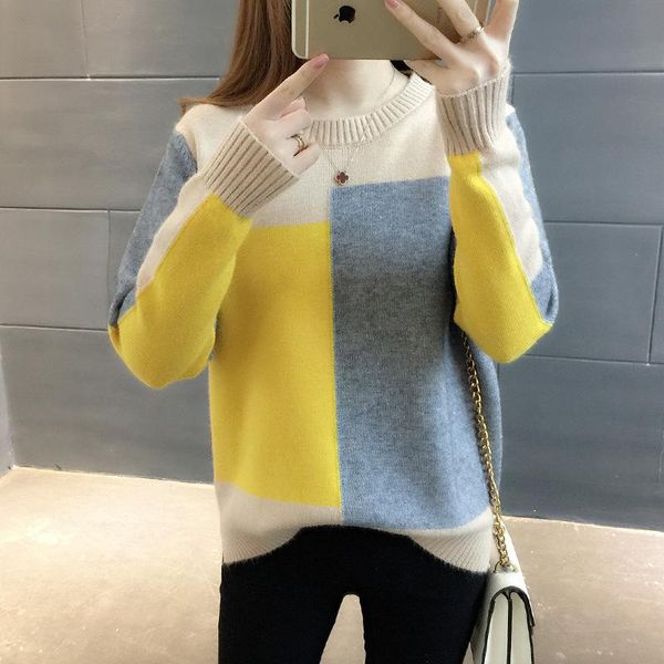 

women's sweaters sweater female 2021 autumn and winter color matching pullover long-sleeved round neck knit bottoming shirt, White;black