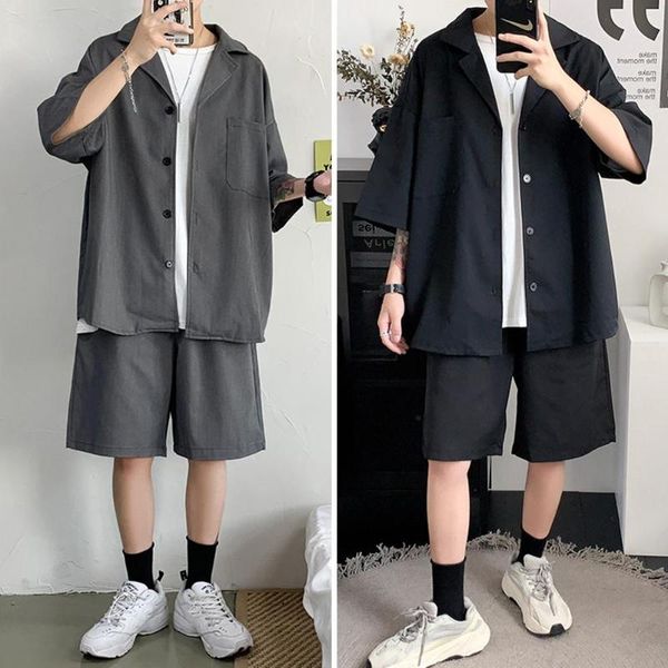 

men's tracksuits men sets summer short casual solid color sleeves pockets shirt + shorts suit 2 pieces set clothing, Gray