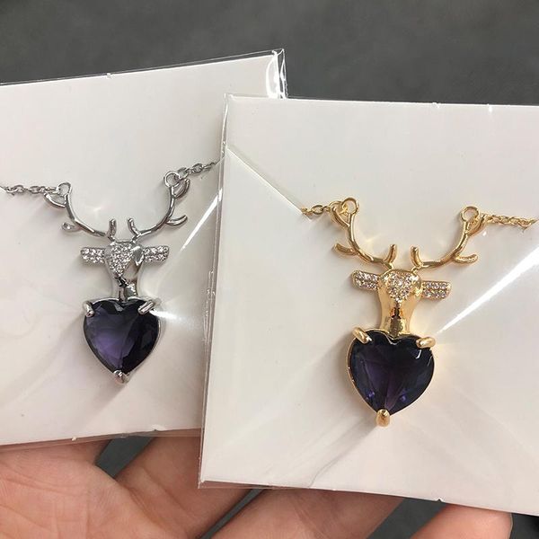 

pendant necklaces party elk antler necklace for women men charm purple heart-shaped zircon christmas gifts birthday jewelry, Silver