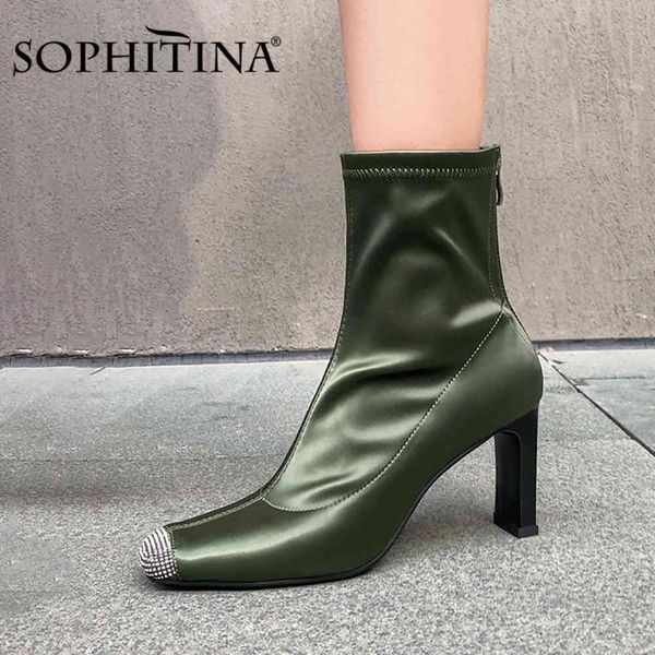 SOPHITINA Stivali da donna Sexy Diamond Toe Comfort Stivaletti alla caviglia in raso elasticizzato morbido Chunky Scarpe invernali da donna con tacco alto PO708 210513