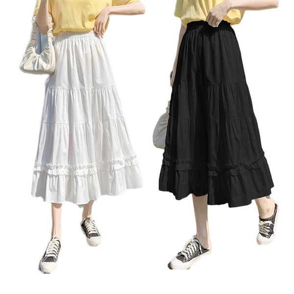 

skirts cotton white women's high waist mid-length wild skirt wood ears, Black