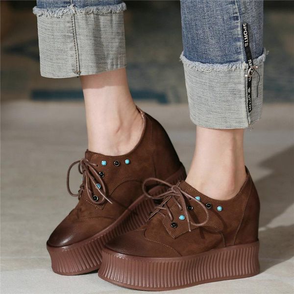 

boots chic crystal shoes women lace up genuine leather wedges high heel ankle female round toe chunky pumps casual, Black
