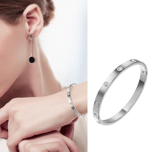 

bangle bracelets for woman lovers titanium stainless steel jewelry gift cubic zirconia fashion cuff charm couples gold color bangles, Black