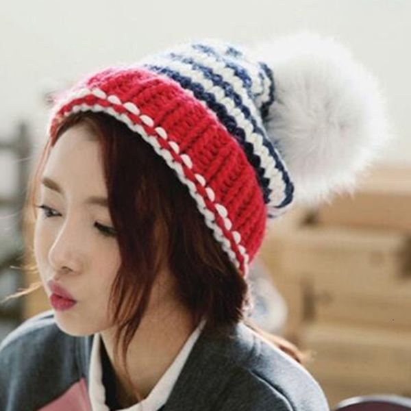 

women's hat winter knitted thickened wool big hair ball hat outdoor warm cover cap, Black;white