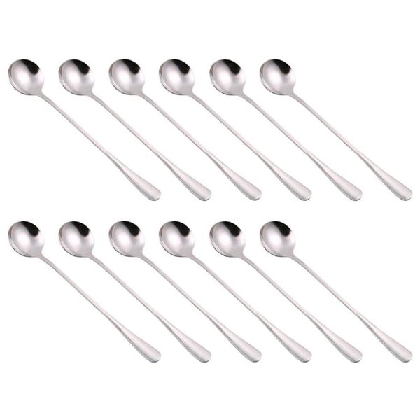 

spoons 12pcs long handle coffee stainless steel scoop stirring spoon tableware for iced tea ice cream cocktail soup (round head)