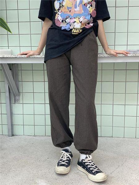 

women's pants & capris women full length casual plaid sun protection track elastic waist loose fit black thin section, Black;white