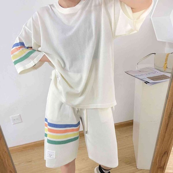 

tb knitted ice hemp leisure suit women's four bar color strip short sleeve t-shirt + five point shorts and two-piece guard pants set su, Gray