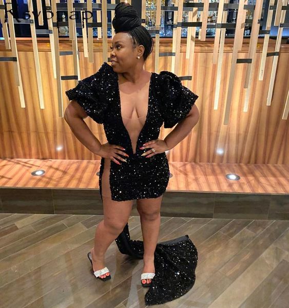 

party dresses sparkly sequin black short prom 2021 designed sheer deep v-neck sleeves african style brithdy dress, White;black