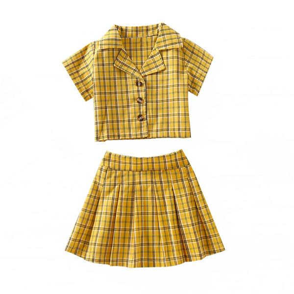 

girls clothing sets summer retro plaid short sleeve lapel skirt 2pcs for kids baby clothes outfits, White