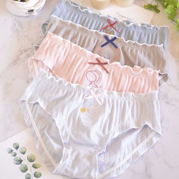 

cute animal embroidery menstrual panties student cartoon design reffles underwear bow women's cotton briefs lingerie, Black;white