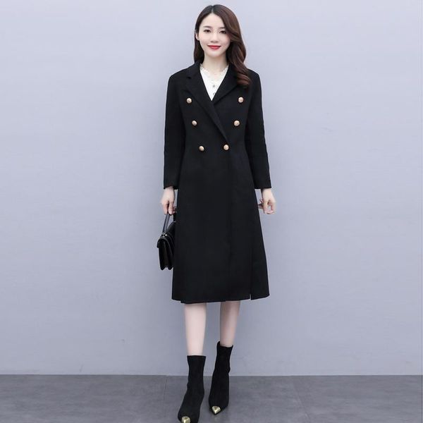 

women's wool & blends 2021 black coat double-sided cashmere mid-length double-breasted woolen womenturn-down collar slim fashion ladies