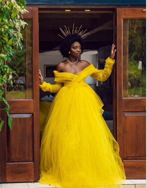 

yellow garden colored evening dresses v neck vestaglia donna 2021 see through full sleeves a-line prom gowns long mesh tulle, Black;red