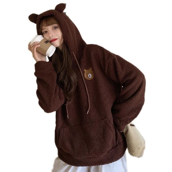 

clothes women's wear thickened winter loose hoodie japanese style embroidered cartoon bear design for hoodies & sweatshirts, Black