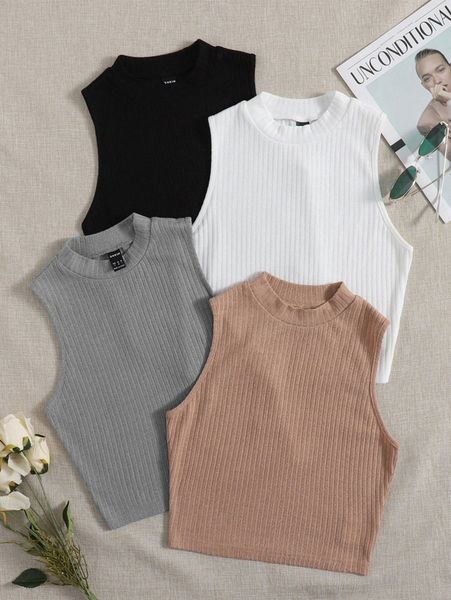 

4pcs mock neck rib knit tank i4j9#, White