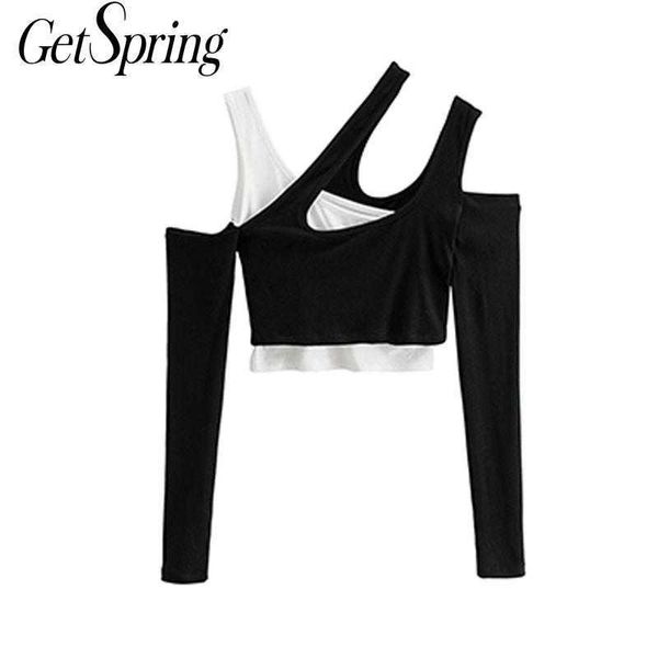 

getspring women t shirt hollow out fake twot s crop long sleeve off shoulder t-shirt slim ultra short tee 210601, White