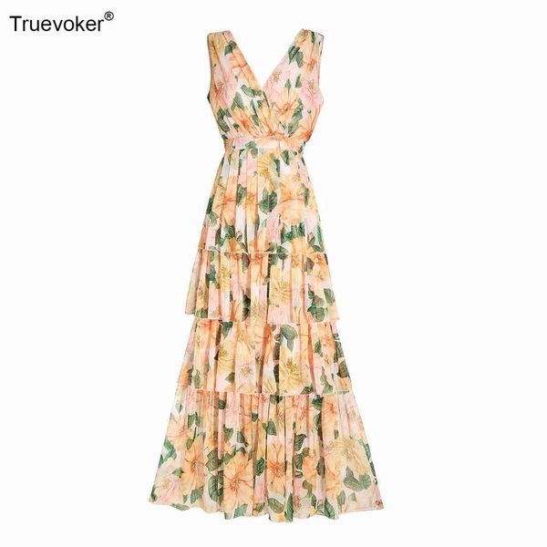 

truevoker summer runway ultra long party dress lady sleeveless yellow flower print high end floor length women cake prom robe 210602, Black;gray