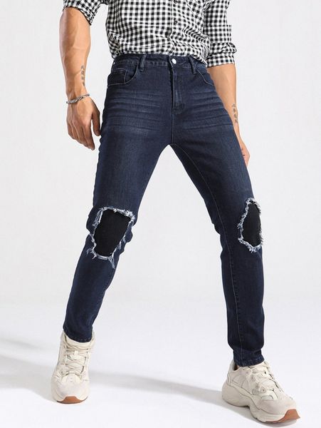 

men raw trim contrast panel jeans x1wn#, Blue
