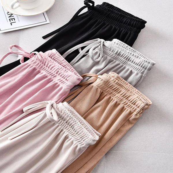 

women's pants & capris 2021 spring summer lady wide leg high waist loose casual long stacked ice silk ankle-length trousers, Black;white