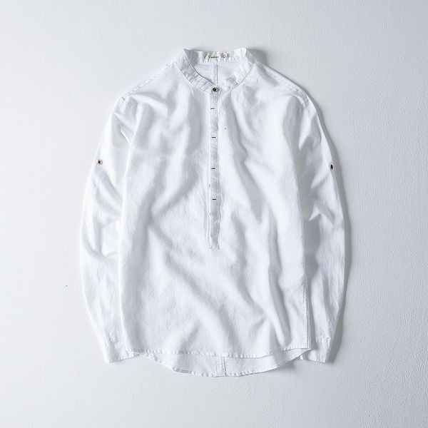 

men's t-shirts autumn cotton and linen long-sleeved stand collar white solid mens shirt simple casual shirts male chemise wxq7, White;black