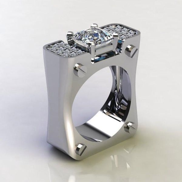 

wedding rings big rectangle silver color ring with zircon stone for man enagaement party fashion jewelry gift s925, Slivery;golden