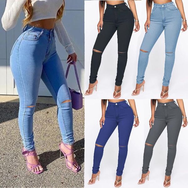 

women's jeans ripped high waist skinny pants xs-6xl oversize women stretch plus size waisted, Blue