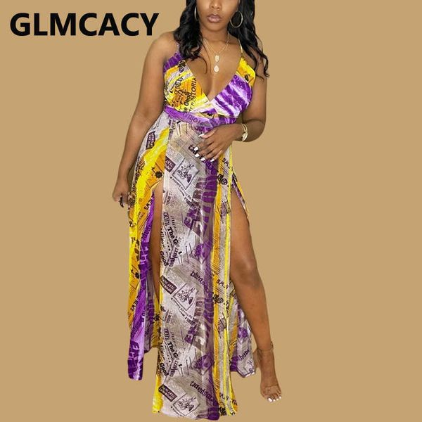 

spaghetti strap v neck spaper printed high slit maxi dress 210702, Black;gray