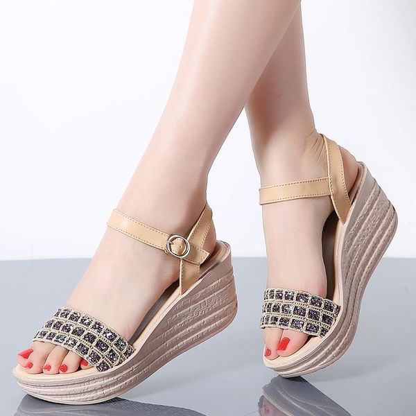 

summer women flat sandals shoes woman wedges platform sandalias buckle high heels weave strap dress, Black