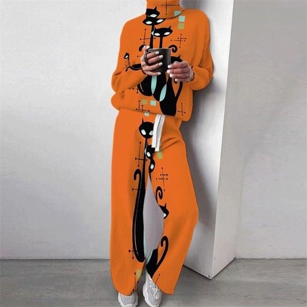 

autumn winter warm suits tracksuit long sleeve turtleneck pullover+print pants lady casual outfit fashion women two piece sets 220315, White